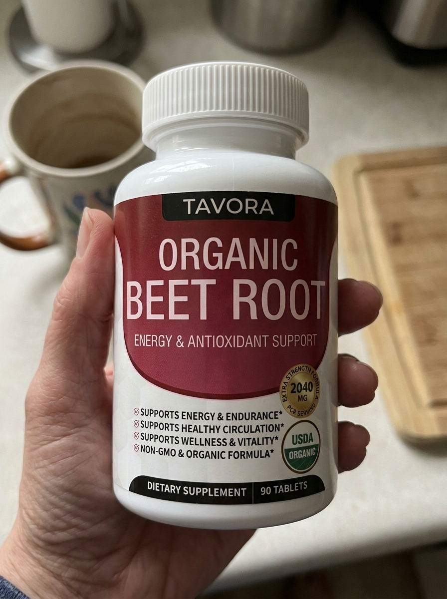 Karen M. holding a bottle of Tavora Organic Beet Root